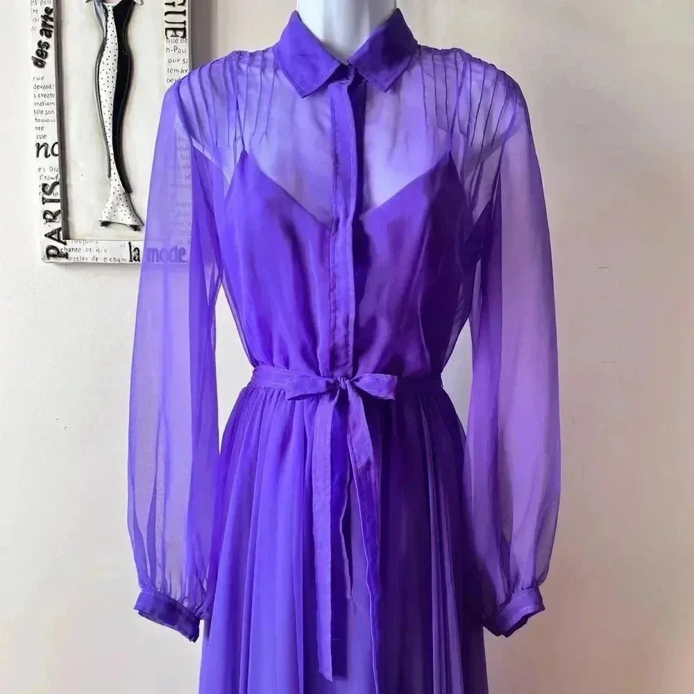 Vintage 60s Purple Chiffon Sheer Long Sleeve Pintuck Dress Size 12
